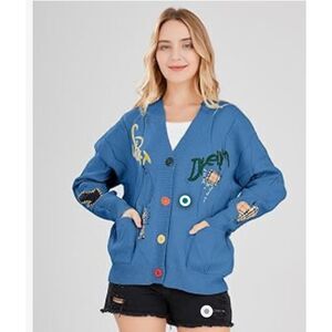 Women's Cable Knit‎ LS Cardigan V-Neck Button Down Embroidery Wool Blend Sweater